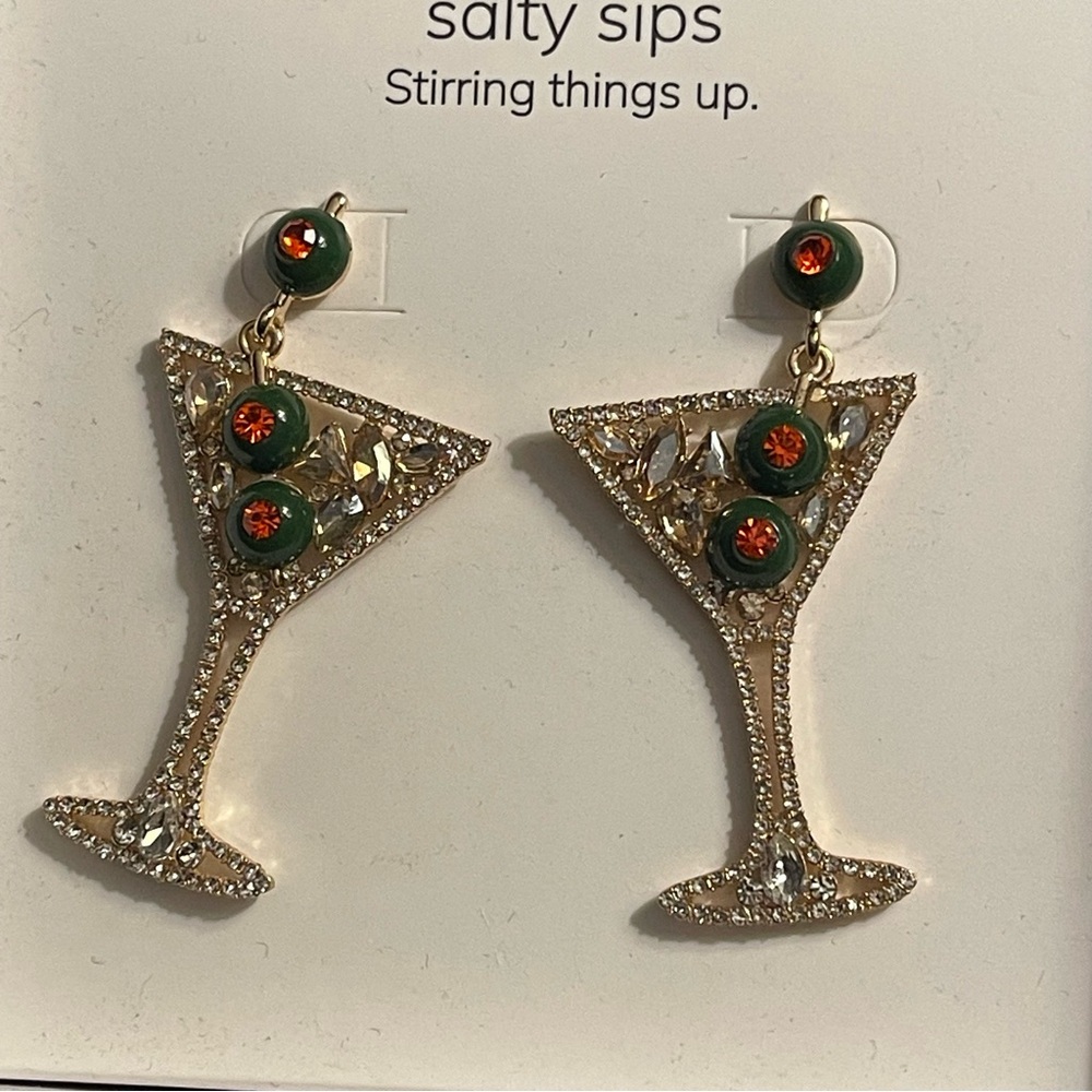 Salty Sips Martini Earrings with Crystals NWT